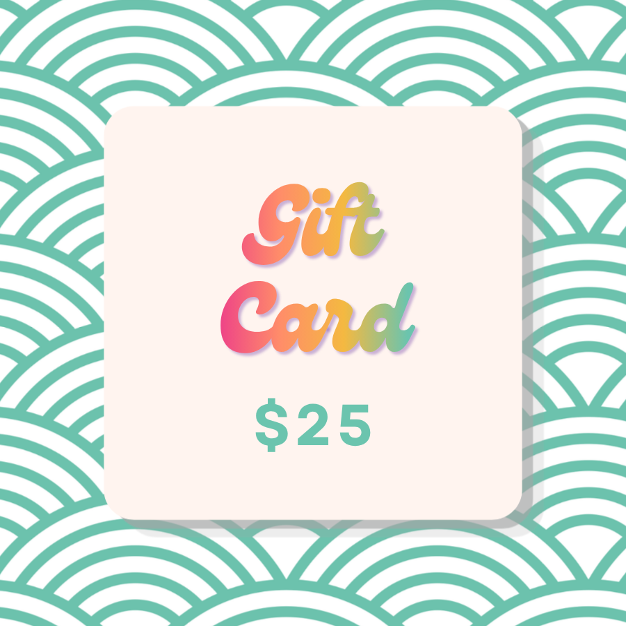 A 25 dollar gift card with a rounded rectangular design, featuring the text 'Gift Card $25' in a colorful gradient font. The card is centered against a background pattern of teal and white wave-like arches.