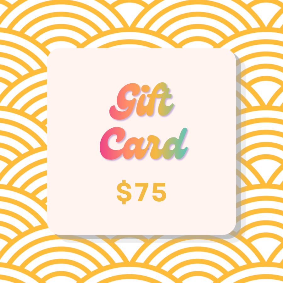 A $75 gift card with rounded corners, featuring the words 'Gift Card' in a colorful gradient font and '$75' below it, set against a yellow and white wave pattern background.