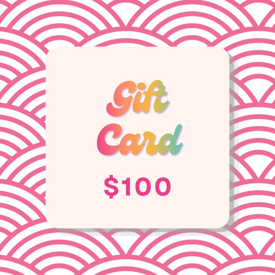 A $100 gift card centered on a pink and white repeating scallop pattern background. The card is cream-colored with rounded corners and features the words 'Gift Card' in a colorful gradient font and '$100' below in pink.