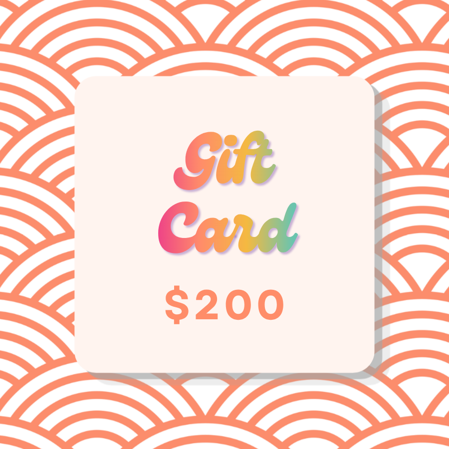 A $200 gift card centered on a coral and white wave-patterned background. The card is cream-colored with the words 'Gift Card' in a colorful gradient font and '$200' below in coral.