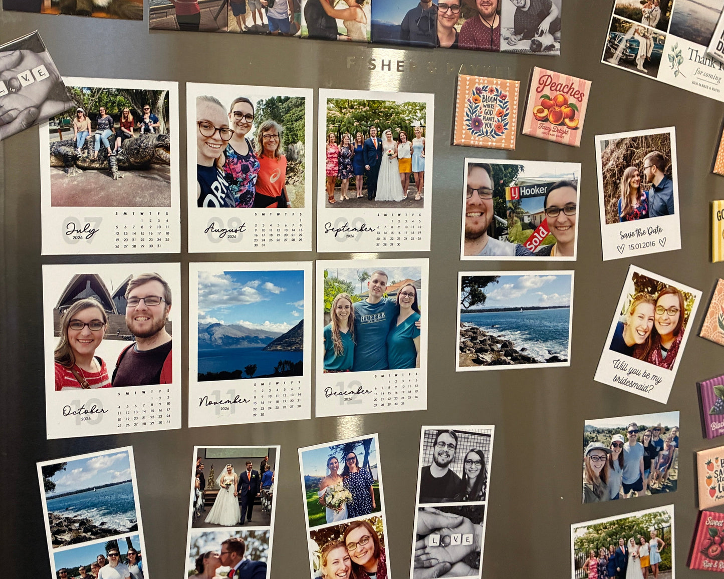 A stainless steel refrigerator covered with numerous printed photo magnets