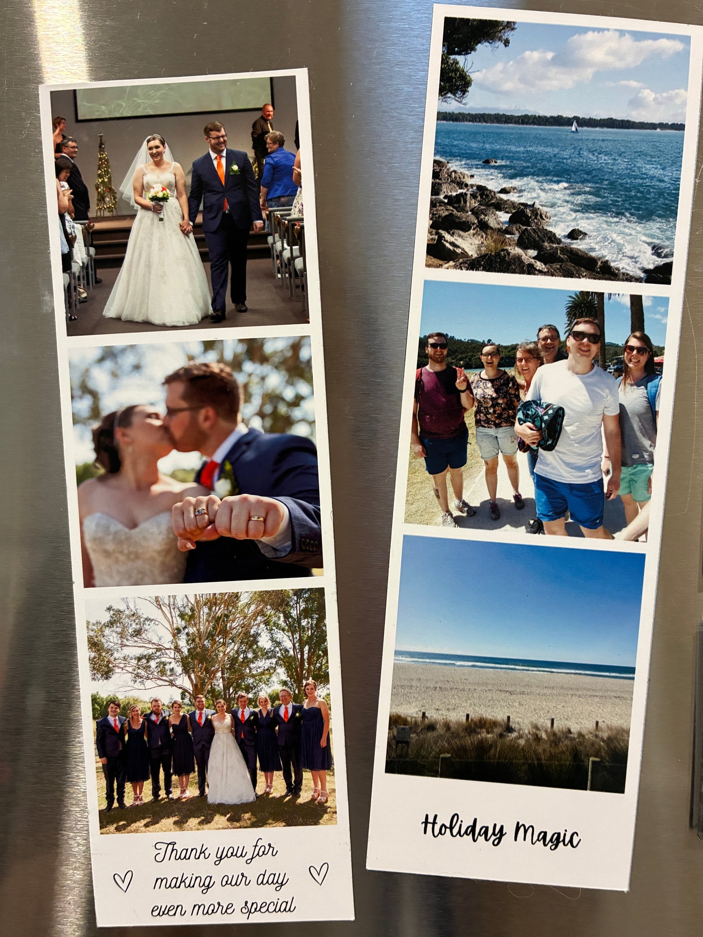 Two custom photo collage magnets on a stainless steel refrigerator. The left magnet features wedding photos of a couple and a bridal party with the text 'Thank you for making our day even more special'.